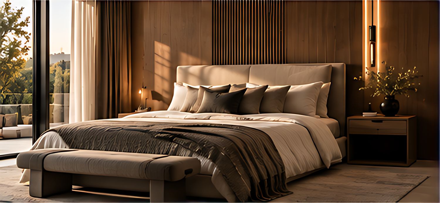 Finished bedroom with bench and layered bedding