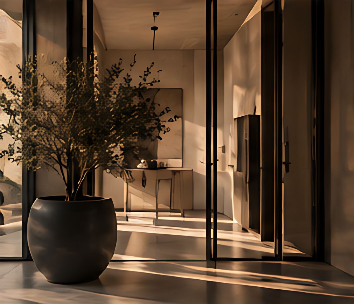 Entry foyer with a potted olive tree and stone floors