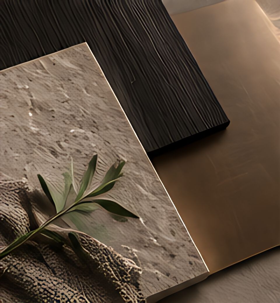 Stone, timber and textile samples with an olive sprig